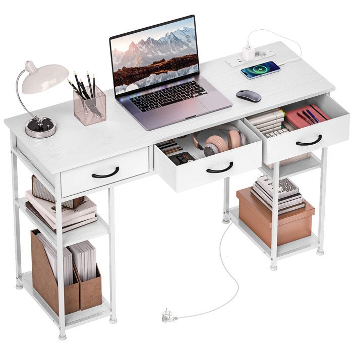 Bureau avec rangement - HOMCOM - prises de courant 3 tiroirs en tissu et 4 étagères de rangement - 120 x 40 x 76 cm - blanc