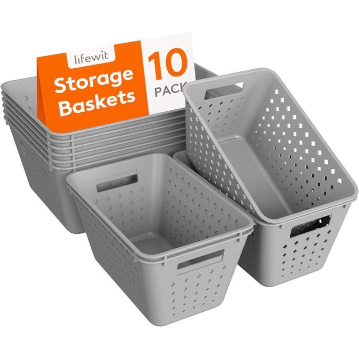 10PCS Paniers de rangement empilables en plastique - Pour étagèrescuisinesalle de bainbureauarmoire6 grands et 4 petites- Noir