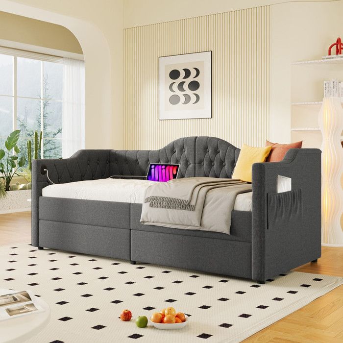 Canapé-lit 90x200 cm couchage simple avec chargement USB Type-C et 2 tiroirs tissu lin gris