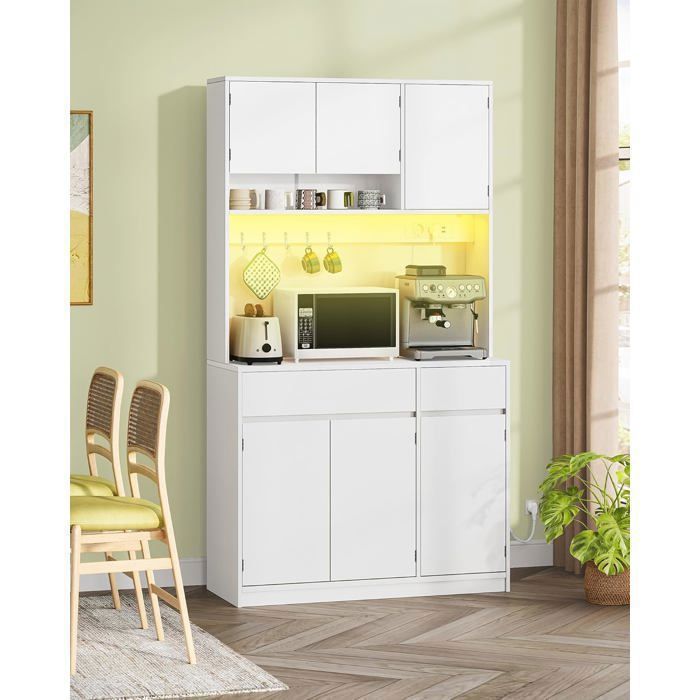 Armoires Cuisine Buffet Haut Vaisselier avec Prises Électriques avec Plans de Travail et Deux Tiroirs Étagères Réglables Blanc