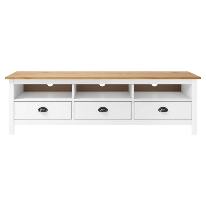 Meuble TV en bois de pin - KALISSE - 158x40x47 cm - Blanc et marron miel - 3 étagères - 3 tiroirs - Bois de pin massif