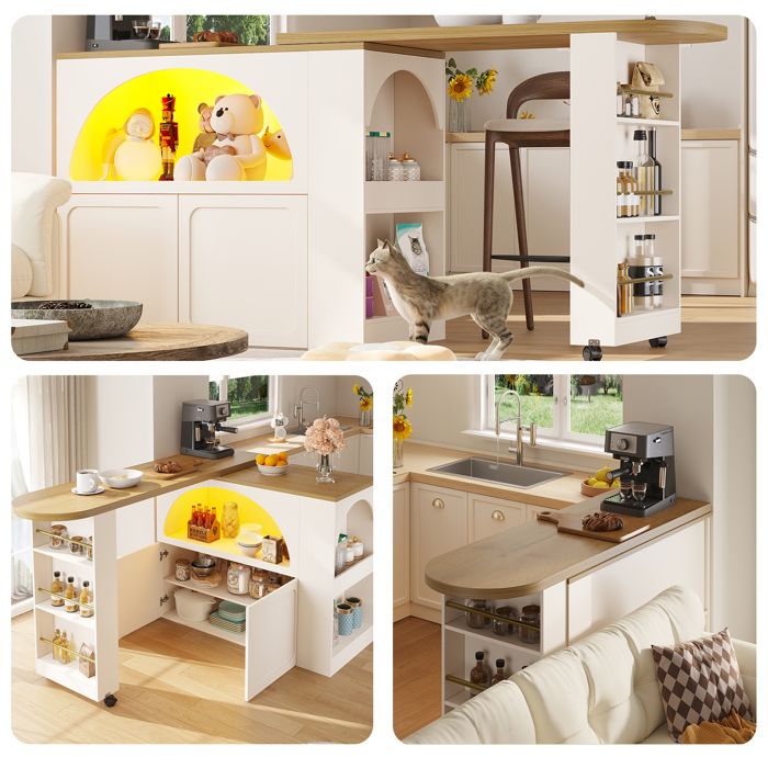 Meuble de Bar Extensible 135-205 cm avec LED et Roulettes Table Bar Mobile avec Rangement et Portes Arche Blanc