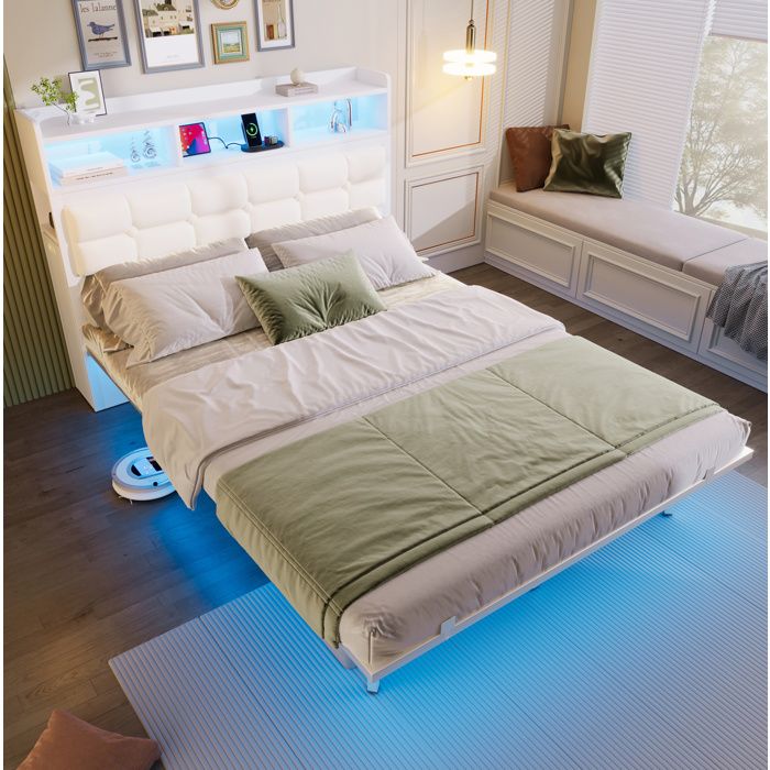 Lit double 140 x 190 cm avec LED tête de lit et chevets escamotables