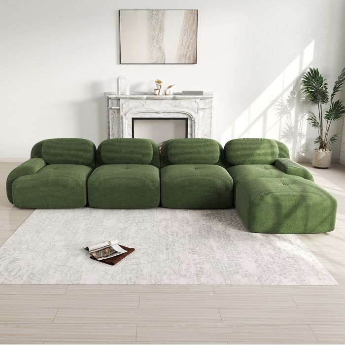 Canapé d’angle modulable 4 places vert sans montage en velours côtelé chaise longue