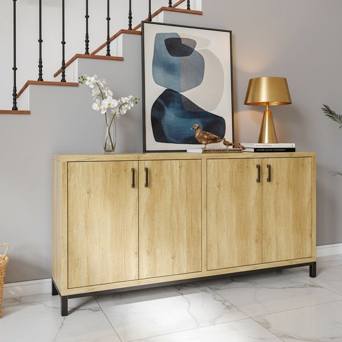 Buffet Console Armoire à chaussures Meuble de Rangement avec 4 Portes Style Modernité pour Cuisine Salle à Manger Beige Chêne