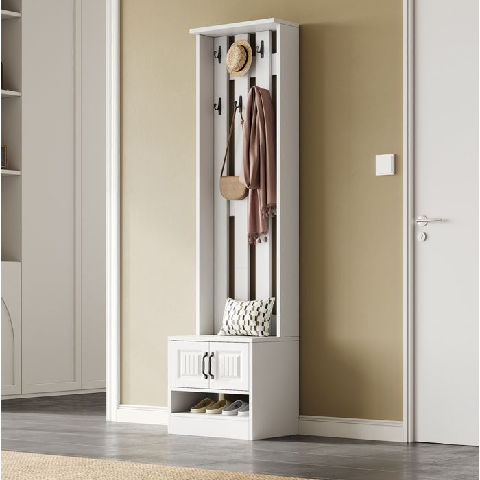 Meuble à chaussures banc dentrée avec porte-manteau 8 crochets 2 portes blanc 50 x 36 x 190 cm ORVRYN