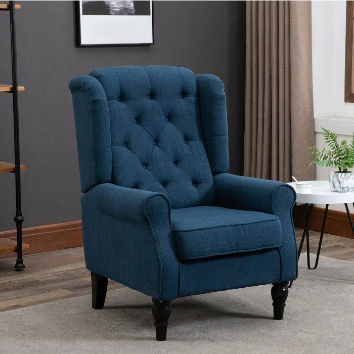 Fauteuil à oreilles capitonné AESVAR 1 place dossier haut en polyester bleu avec pieds en bois
