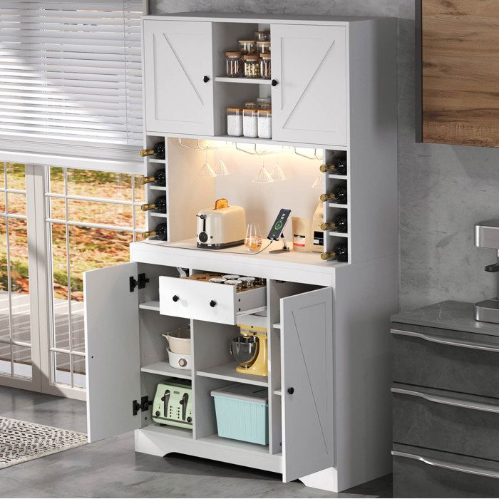 Modenuit Buffet de cuisine 105 x 39 x 180 cm avec LED prises intégrées porte-verres et casiers à bouteilles