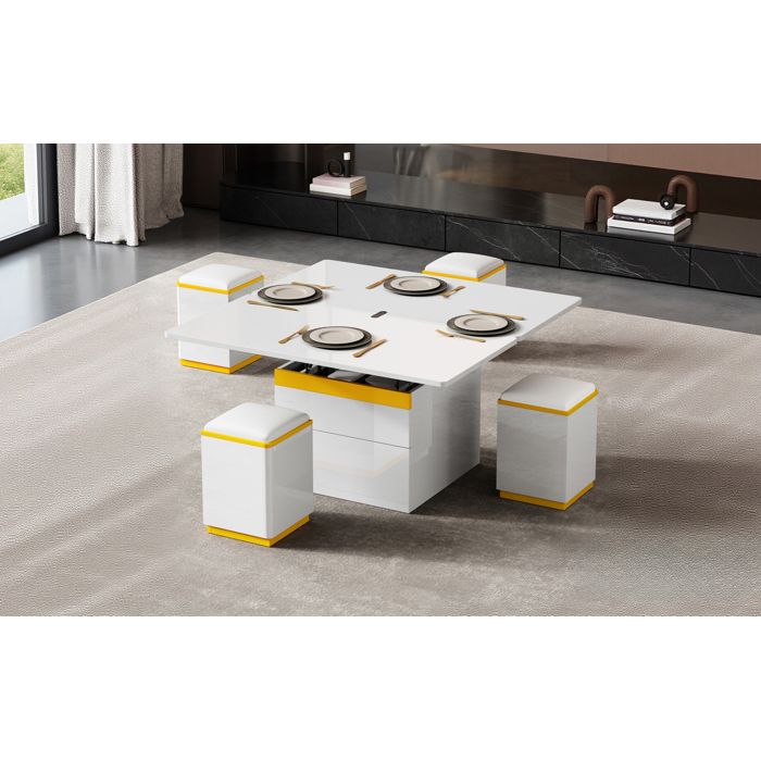 Table basse relevable et rabattable 100 x 50 x 43 cm en MDF et panneaux de particules blanc et jaune 4 tabourets