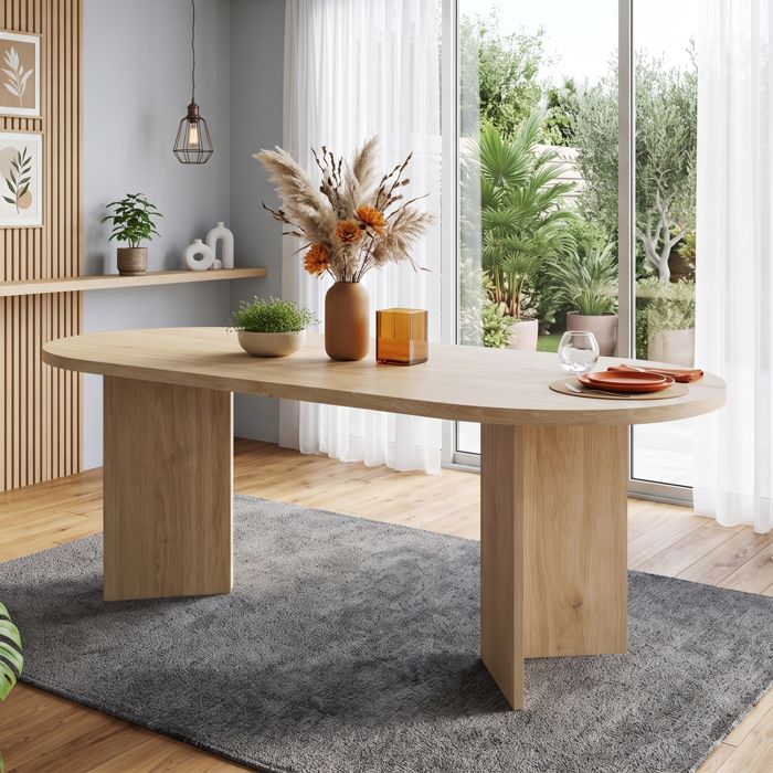 Table à manger 200 x 90 cm pour 6 à 8 personnes MDF coloris chêne coins arrondis style moderne