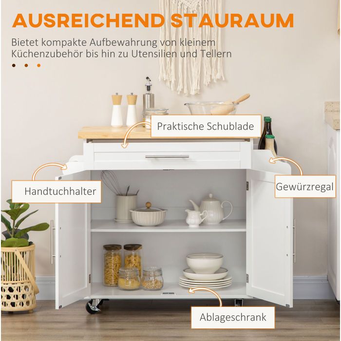 Desserte De Cuisine MDF Blanc Chariot De Service FloraGrace Pour Cuisine Roulettes Avec Freins 109x40x89cm