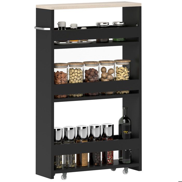Noir et compact chariot de rangement 3 niveaux sur roulettes avec poignée étagère de salle de bains ou cuisine