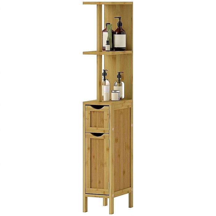 Colonne de Salle de Bain - Meuble Rangement Bambou 2 Placards 2 Étagères - 18 x 30 x 120 cm - Bambou Naturel
