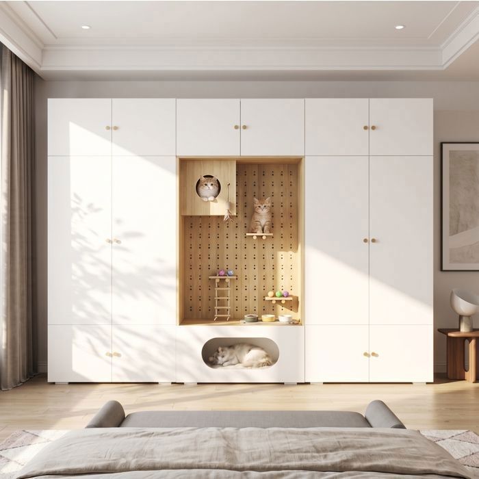 Armoire 3-en-1 270 x 50 x 200 cm penderie rangements et espace pour chat avec arbre à chat blanc et bois