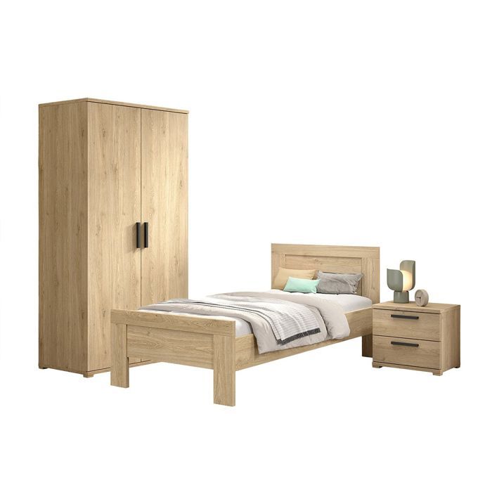 MARCO - Chambre Enfant Lit 90x200cm + Chevet + Armoire 2 Portes Aspect Chêne MARCO - Chambre Enfant Lit 90x200cm + Chevet + Armoire 2 Portes Aspect Chêne