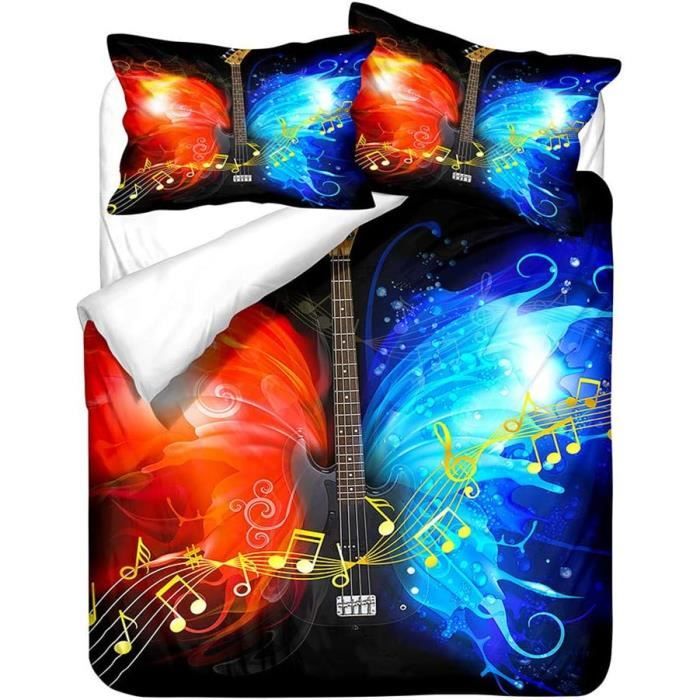 Housse De Couette 140x200 Cm Motif Guitare Rock - Microfibre Douce - 2 Pièces (housse + Taie 65x65) - Bleu, Noir, Blanc