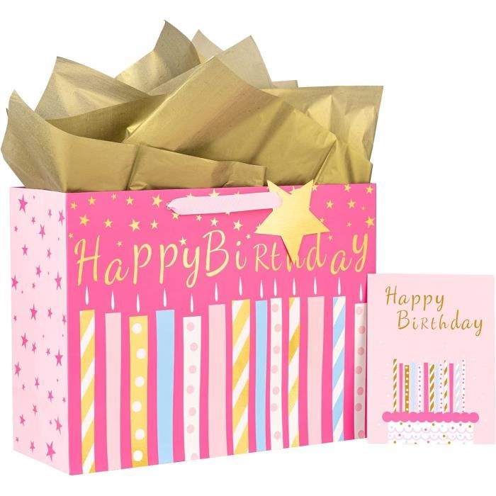 Grand Sac Cadeau D Anniversaire Avec Carte De V ux Et Papier De Soie Pour Anniversaire Bougie En Feuille D Or Rose 40 7 X A7029