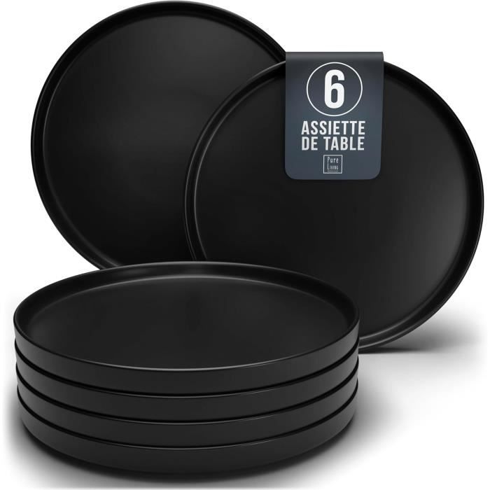 Ensemble 6 assiettes plates - MANHATTAN - Manhattan - Noir mat - Grès massif - Compatible lave-vaisselle et micro-ondes