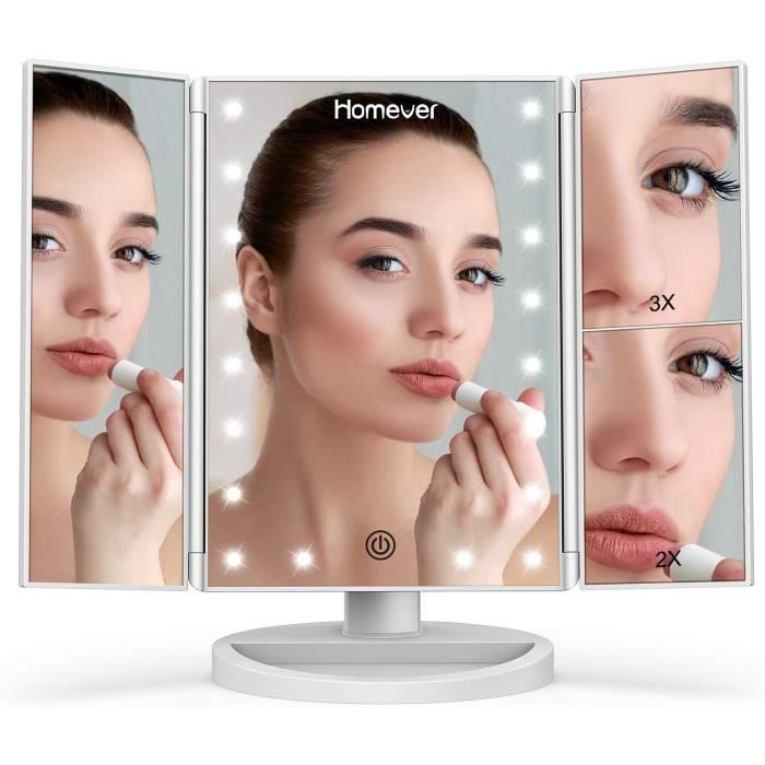Miroir Cosmétique 21 LED Lumières Pliable + Compartiments Maquillage Double  Zoom