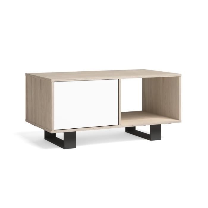 table basse avec portes, salle à manger, modèle wind, couleur chêne-blanc, 92x50x45cm, rf1011