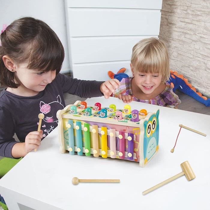 Litinliv Jouet Montessori 7 En 1 Bois - Banc à Marteler, Xylophone, Pêche Magnétique - Enfant 3+ Ans