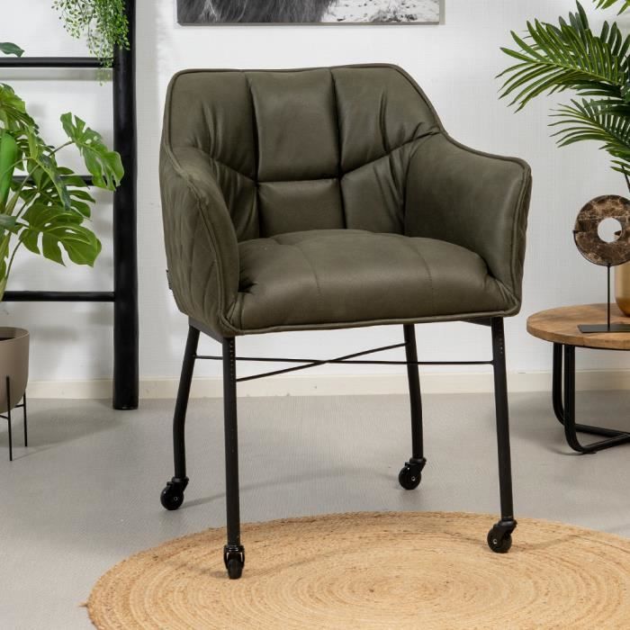 Livin24 Chaise de salle à manger à roulettes Royce éco-cuir vert