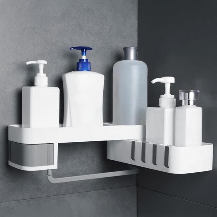 Étagère de Douche Rotative à 180°Étagère Douche sans Percage 4 Crochets et Une Boîte à Bijoux Cachée Étagère