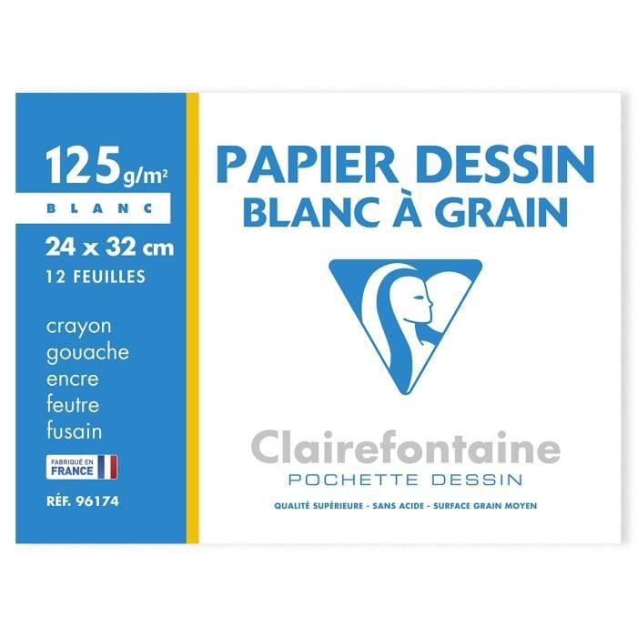 CLAIREFONTAINE - Pochette dessin - Papier à grain P.E.F.C - 24 x 32 - 12 feuilles - 125G - Couleur blanche