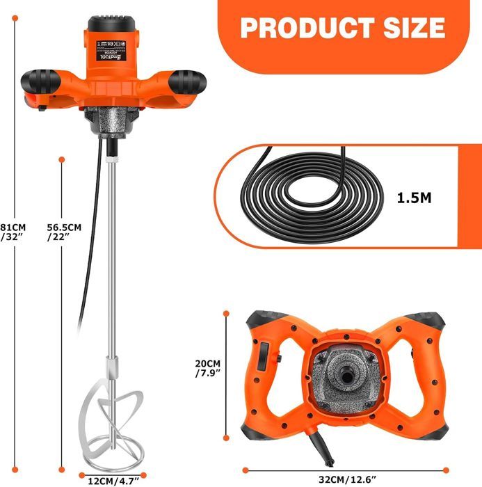 Malaxeur Professionnel 2400W Pour Mortier Et Béton - 6 Vitesses Réglables, Manuel, 220V