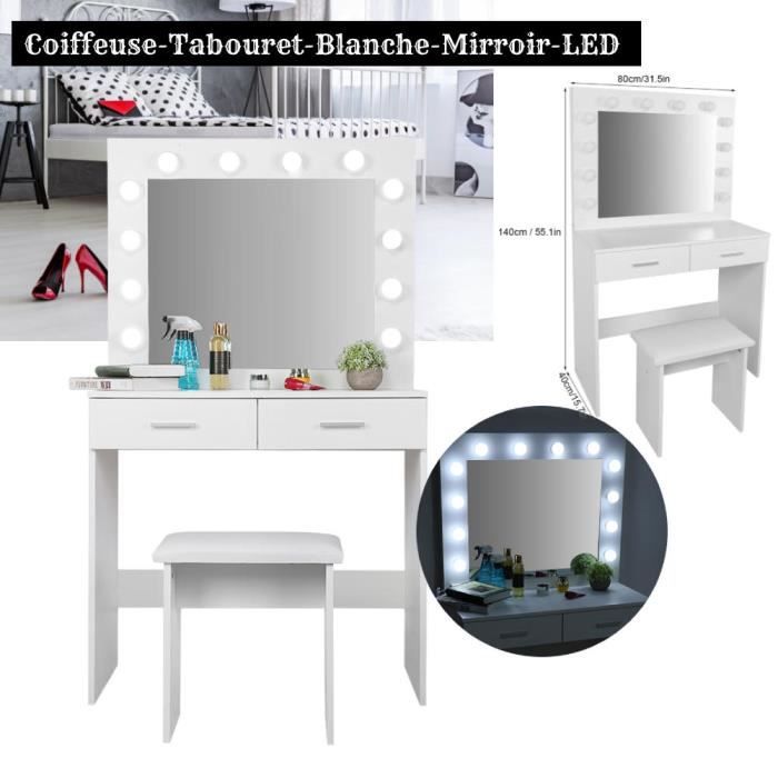 Vicco Ensemble table de maquillage avec tabouret Almina, Wit, 100 cm avec éclairage