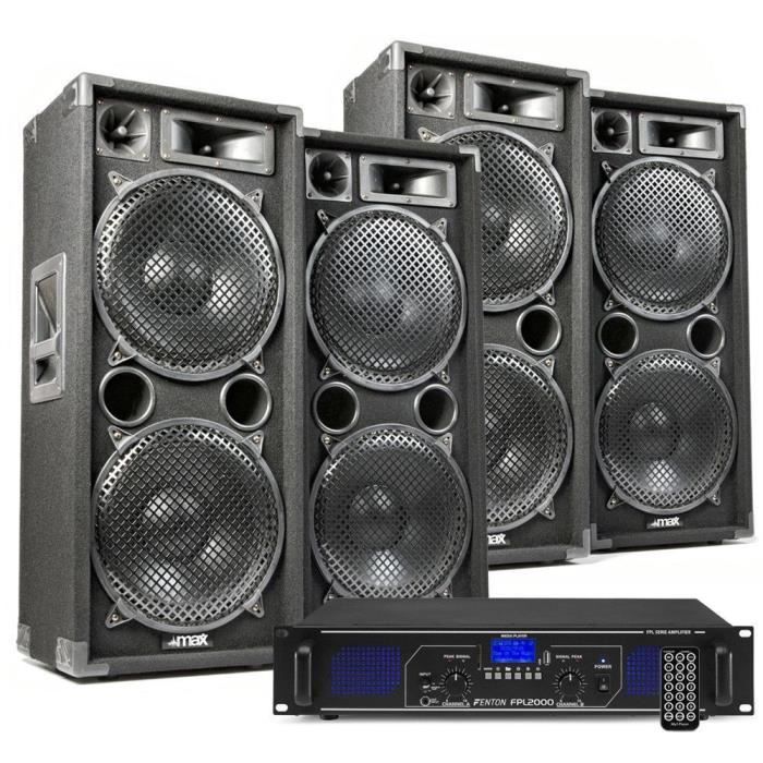 FENTON KIT SONO DJ AVEC 4X HAUT-PARLEURS MAX212 ET AMPLIFICATEUR BLUETOOTH 5600W - AVEC FONCTION BLUETOOTH ET LECTEUR MP3