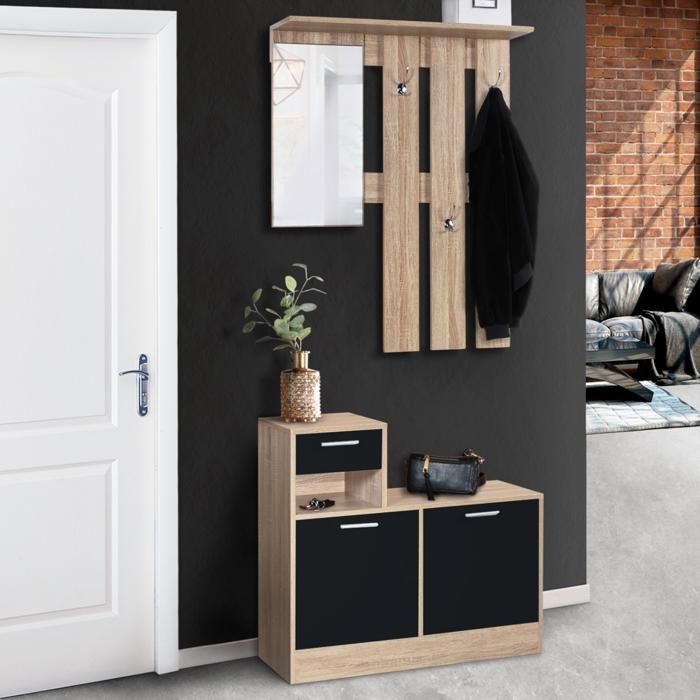 IDMARKET Vestiaire dentrée avec miroir PAULIN design hêtre portes noires
