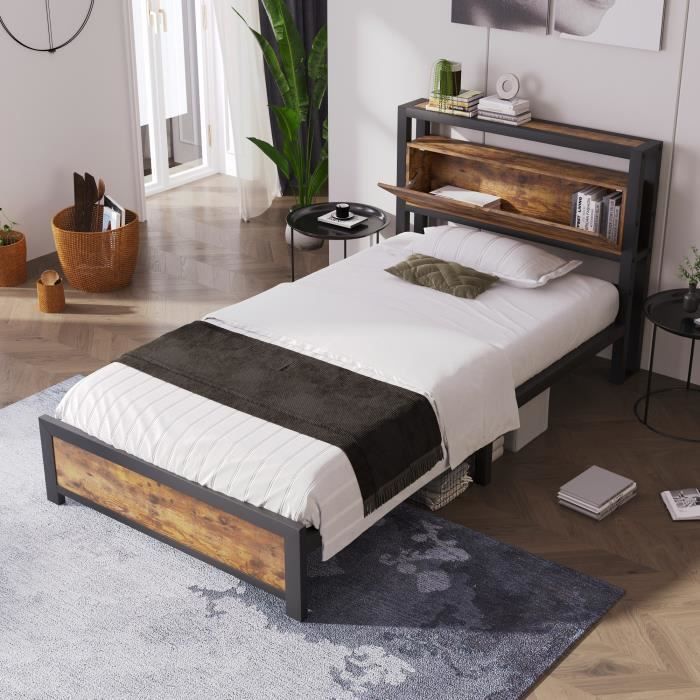 lit simple enfant 90x200 cm lit style industriel en métal avec tête de lit de rangement et sommier à lattes