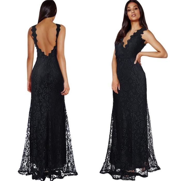 Maxi Robe De Soirée Cocktail Longue Sirène Noire Fourreau Col V Push Up Dos Nu Transparente Princesse Dentelle Pour Mariage Occasion