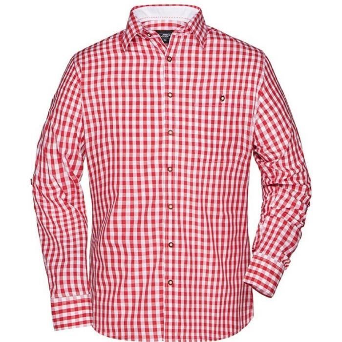 Chemise à carreaux JAMES NICHOLSON JN638 Homme Manches longues  Rouge et blanc