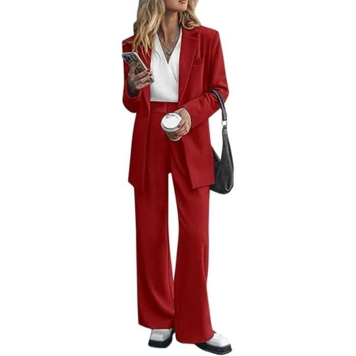 Tailleur Femme 2 Pieces Elegant Couleur Unie Slim Fit Blazer Veste Formel Bureau Travail Pantalon Costumes Revers Manteau Ensemble A rouge Cdiscount Pret a Porter