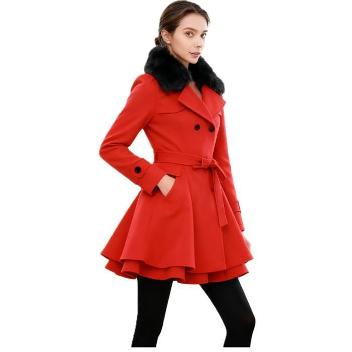 Manteau Femme Laine Mi-longue Col Revers Double Boutonnage Rouge
