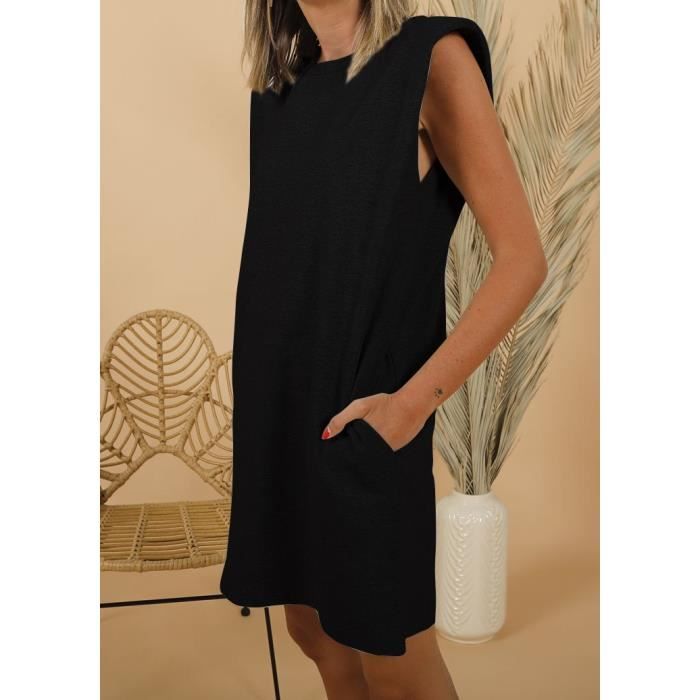 Robe 2020 ete sans manches epaulette Mini robe O cou decontracte poche ample solide raye blanc noir robe de base Type Black