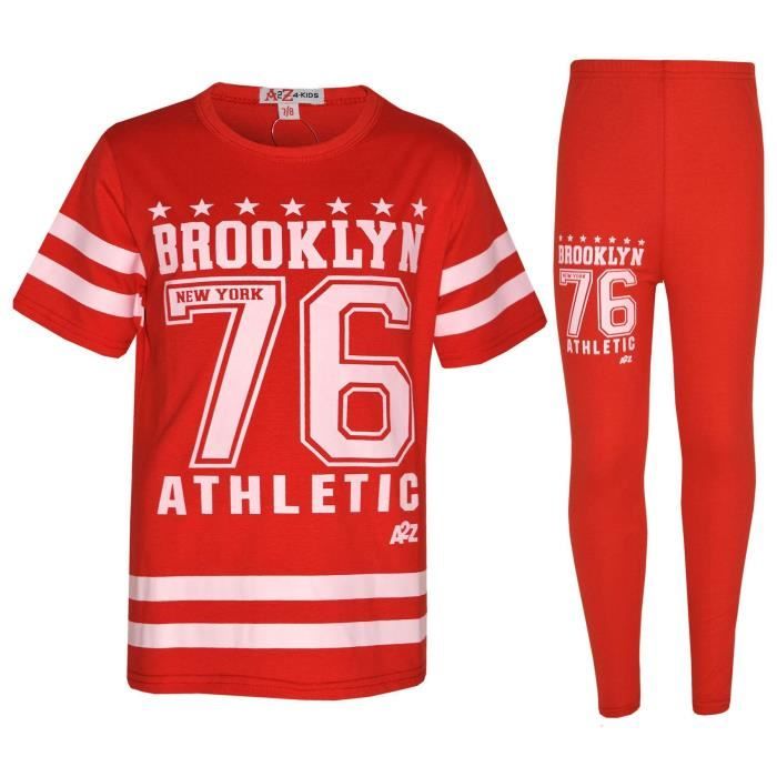 Ensemble T-shirt et legging Brooklyn 76 Athletic pour filles - Rouge - Manches courtes - 100% Coton
