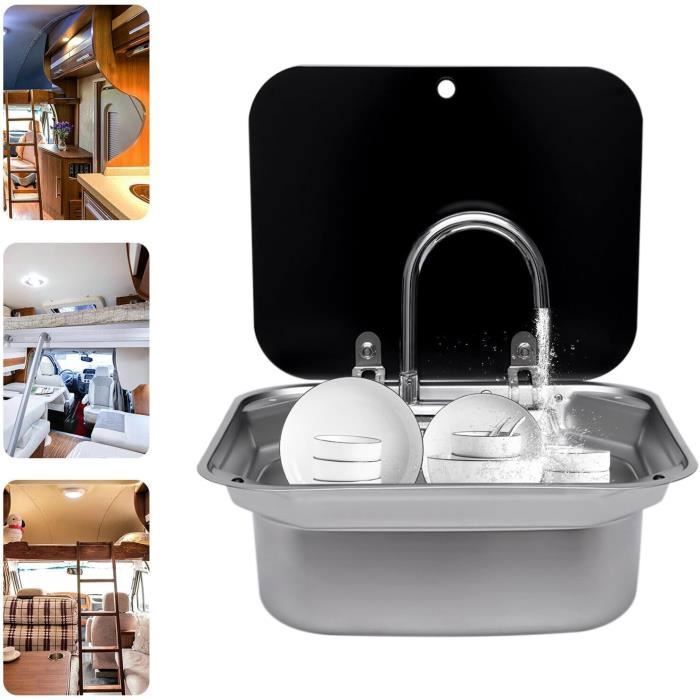 Evier de cuisine ensemble évier caravane rv lave mains rectangulaire - avec couvercle - pour camping cars caravane bateau