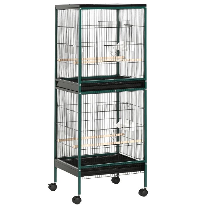 Cage à oiseaux - PawHut - grande sur pied volière double mangeoires perchoirs plateau amovible - métal - 515x50x140cm - vert noir