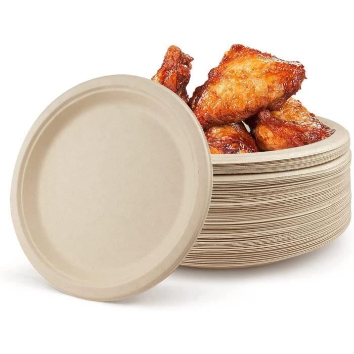100 Assiettes En Carton Bagasse Canne à Sucre 17.8cm - Compostables, Micro-ondables - Pour Fêtes