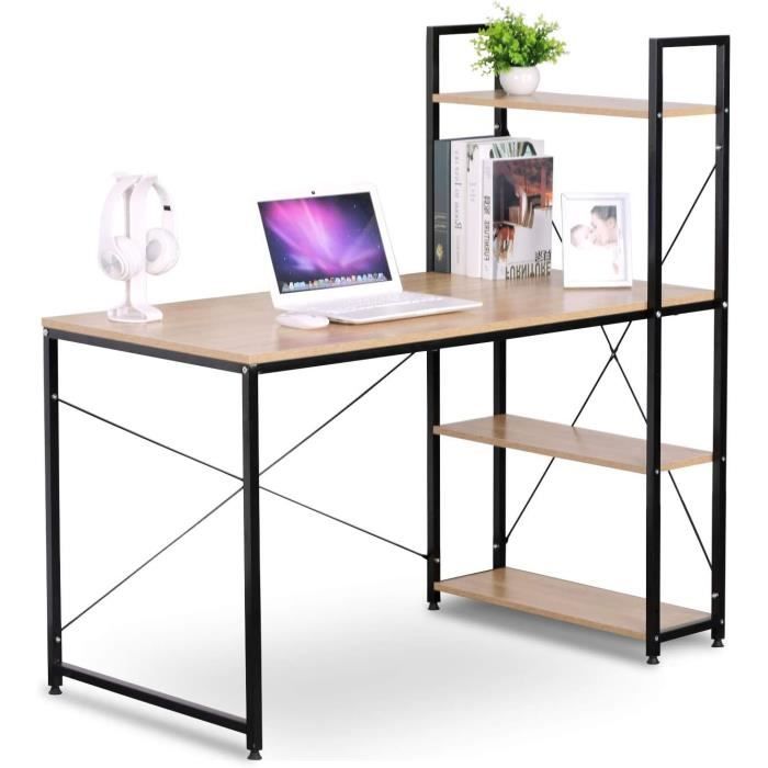 ESituro Bureau Ordinateur 122x55cm Avec Rangement – Bureau Informatique 6 Étagères, Bureau Travail/Jeu/Étude, Blanc Bois