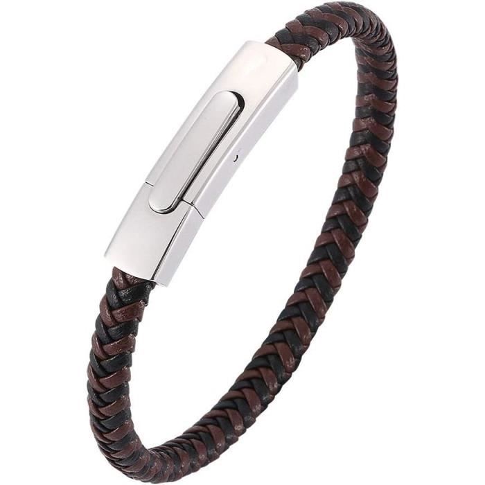 Bracelet Homme En Cuir Véritable Noir Avec Fermoir Magnétique - Taille 19/21/23 Cm, Acier Inoxydable, Cadeau Fête Des Pères - 3