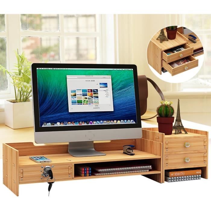 Support D'écran En Bois Avec Tiroirs - Pour 2 écrans, Hauteur Réglable, Rangement Bureau | Noir, 100x24cm - 5