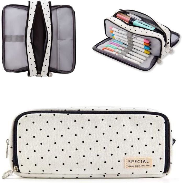 Trousse à Crayons Grand Format 22x13cm - Design Cartoon, Double Zip, Compartiments, Pour école Ou Bureau