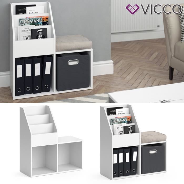 bibliothèque vicco luigi blanche avec banc, étagère à dossiers, étagère à documents, étagère sur pied, bureau
