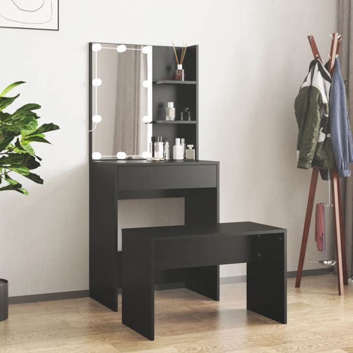 vidaXL Ensemble de Coiffeuse avec LED Table de Maquillage avec Tabouret et Miroir Coiffeuse Cosmétique Chambre à Coucher 3114132