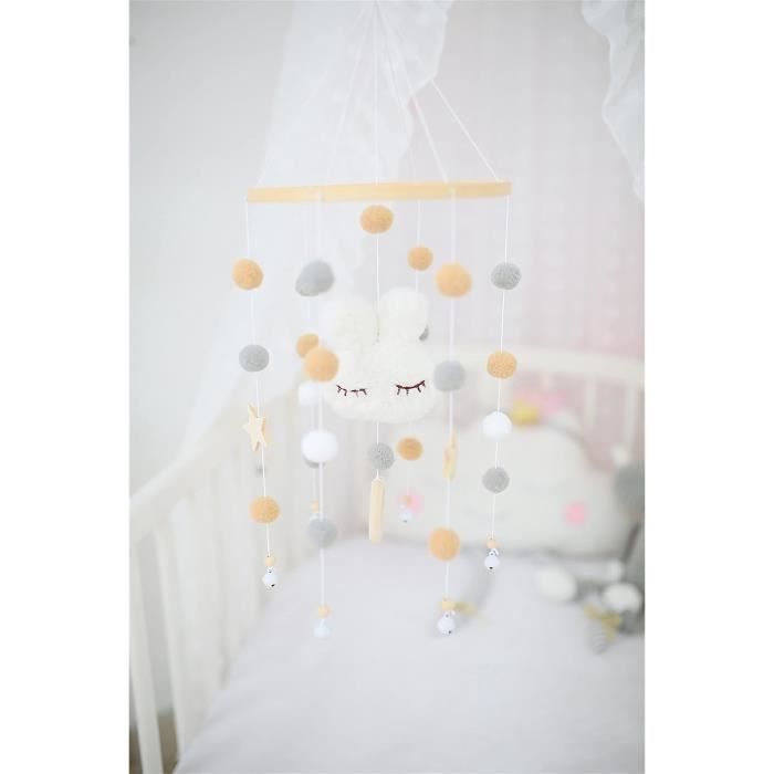 GLITZFAS Carillon Éolien Mobile Lit Bébé - Bois Et Feutre, Nuages Et Boules, Beige