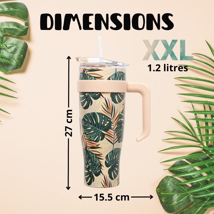 Mug Isotherme 1,2L Magali Beige – Bouteille Thermos Avec Anse Et Paille – Idée Cadeau Gourde Personnalisée